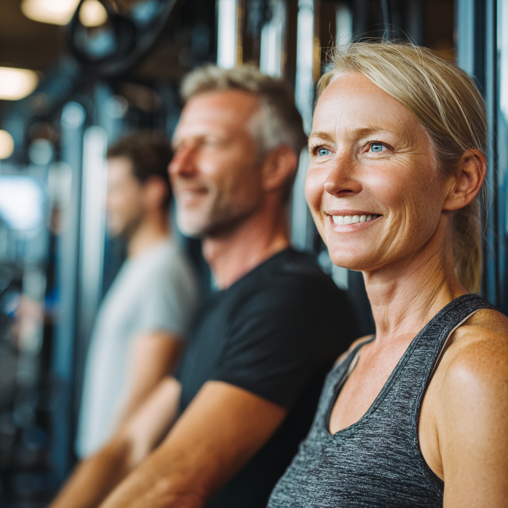 middle-aged adults training with modern fitness equipment in bright gym