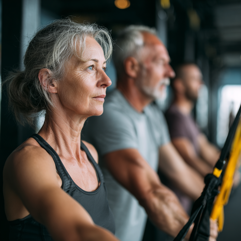 professional fitness trainers working with mature adults in modern gym environment